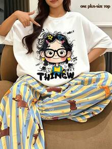Es Trus 大尺碼女款夏季寬鬆復古「活潑古怪塗鴉卡通女孩」個性印花街頭嘻哈T恤，韓版白色 - 白色 - 查看 1