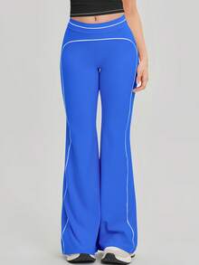 NcmRyu Women's 1pc Contrast White Line Hip-Lifting Slim Fit Flare Long Pants - Blue - View 6