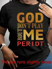 Women's Casual Short Sleeve T-Shirt With Gold Glitter Letter Print "GOD DON'T PLAY ME PERDIT" | Black Crew Neck T-Shirt, Loose Fit, Medium Stretch, Machine Washable - 黑 - 查看 1