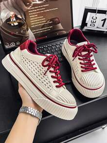 Men's Summer New Style Color-Block Mesh Thick Sole Sports Shoes, Breathable Woven Lace-Up Casual Sneakers, Thick Sole Skateboard Shoes, Versatile Daily Shoes, Breathable Lace-Up Casual Sports Shoes, Thick Sole Comfortable Shoes Suitable For Students And Daily Wear, White And Red Color-Block Thick Sole Mesh Sports Shoes, Retro Woven Lace-Up Casual Men's Shoes, Summer Breathable Versatile Fashion Sports Shoes - Mi Hong - View 4