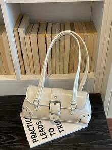 2026 Fashion New Y2K Solid Color Pleated Crescent Bag, Rivet Buckle Decor Motorcycle Shoulder Bag, Suitable For Daily Street Style And Casual Outings - White - View 6