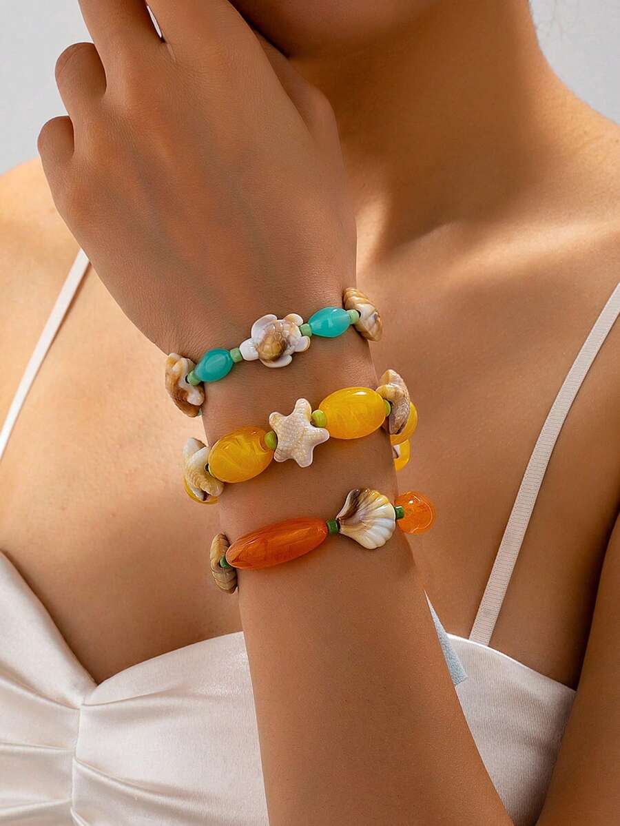 1 cái/3 cái Vòng tay hạt phong cách Bohemian mùa hè đính sao biển và vỏ sò, phối màu khối Dopamine xanh cam - Vòng tay hình sao biển và vỏ sò - Xem 1