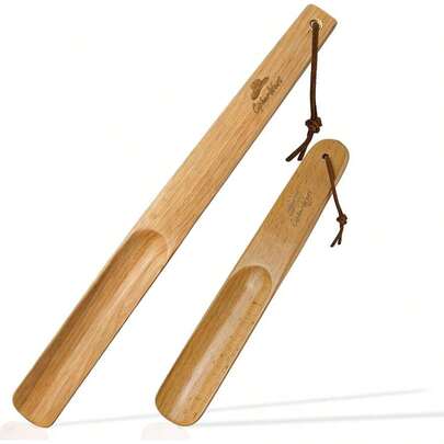 Wooden Shoe Horn Set, 15'' Long Handle Seniors Adults, 10.25'' Short Shoe Spoon Kids, 2-Pack Boot Horn
