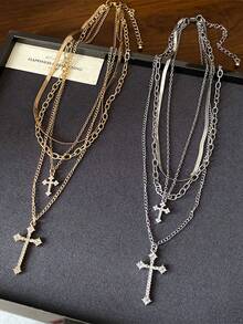 Rhinestone Cross Pendant Multi-Layer Necklace Choker Chain Personalized Versatile Neck Accessory, Stainless Steel Jewelry, Women's Necklace, Y2k - Geometry - View 5