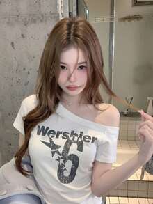 Sexy Print Asymmetrical Shoulder Short Sleeve T-Shirt, Figure-Flattering Slim Fit Crop Top Casual White Summer - White - View 3