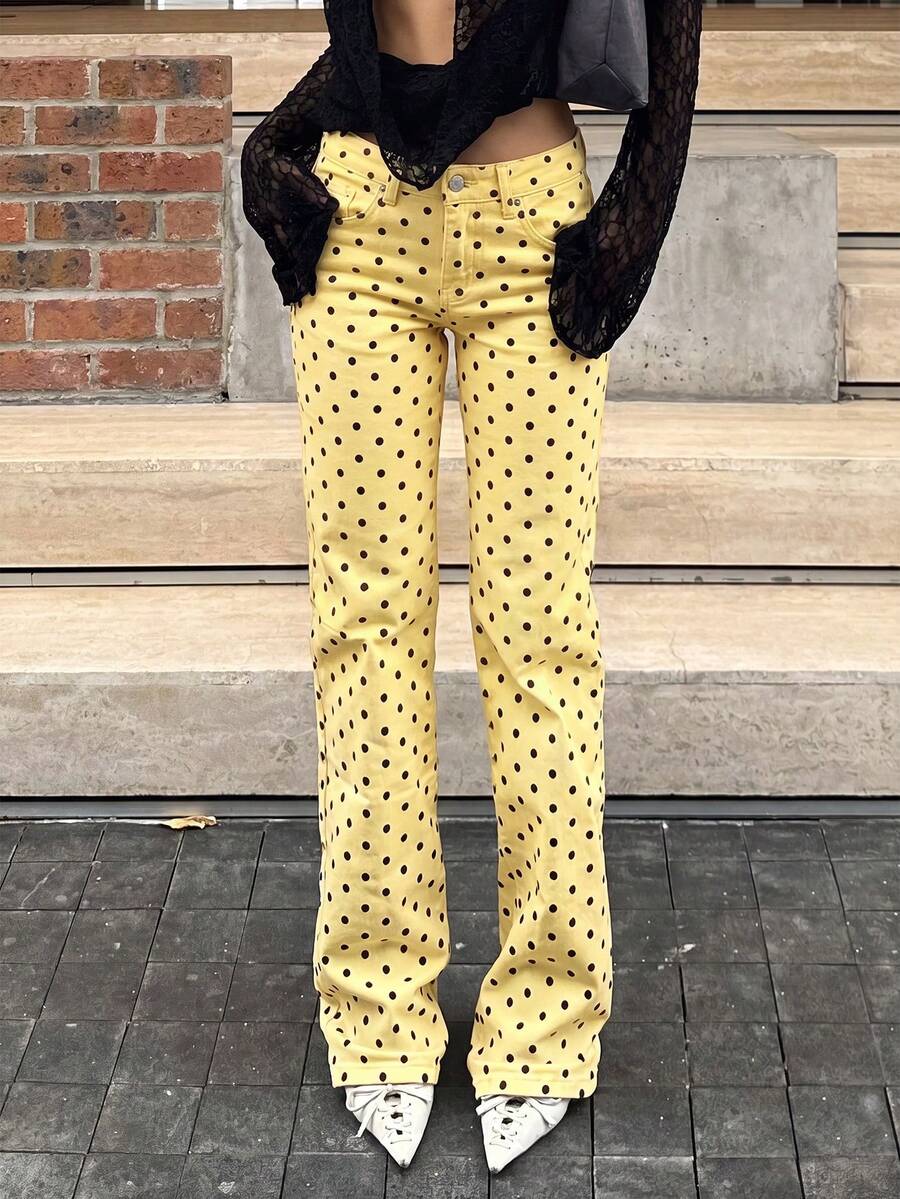 女款 Y2K 休閒直筒牛仔褲，黃色黑色波點印花長褲，秋季新款女裝，適合多種場合