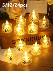 5/12/24pcs Acrylic Crystal Pattern LED Electronic Candle Lights, Battery Operated, Rose Pattern Projection Tea Candle Lights, Flameless Candle Lights, Suitable For Wedding, Valentine's Day, Christmas, Holidays, Home Decor, Dining Table Decor - Huang Guang - View 1