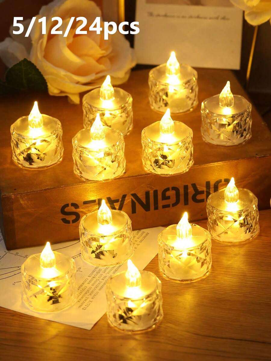 5/12/24pcs Acrylic Crystal Pattern LED Electronic Candle Lights, Battery Operated, Rose Pattern Projection Tea Candle Lights, Flameless Candle Lights, Suitable For Wedding, Valentine's Day, Christmas, Holidays, Home Decor, Dining Table Decor - Huang Guang - View 1