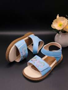 Kids' Fashion Sandals, Flat Sandals, Hook And Loop Sandals, Versatile Comfortable Sandals, All-Match Sandals, Easy-To-Wear Sandals, Embroidered Sandals, Suitable For Vacation And Daily Wear - Baby Blue - View 5