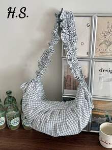 Nuova borsa a tracolla da donna stile casual alla moda, grande capacità, motivo a quadri fresco, plissettata, con tracolla regolabile, stile nuvola, stile coreano femminile, versatile, morbida e floscia, da portare a spalla o sottobraccio, adatta per studenti universitari, borsa per le lezioni, pendolarismo quotidiano, shopping, vacanze, a tracolla - Multicolore - Visualizzare 2
