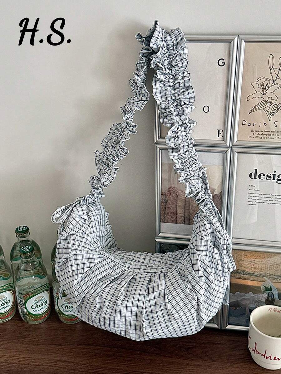 Nuova borsa a tracolla da donna stile casual alla moda, grande capacità, motivo a quadri fresco, plissettata, con tracolla regolabile, stile nuvola, stile coreano femminile, versatile, morbida e floscia, da portare a spalla o sottobraccio, adatta per studenti universitari, borsa per le lezioni, pendolarismo quotidiano, shopping, vacanze, a tracolla