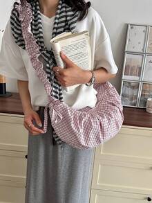 Nuova borsa a tracolla da donna stile casual alla moda, grande capacità, motivo a quadri fresco, plissettata, con tracolla regolabile, stile nuvola, stile coreano femminile, versatile, morbida e floscia, da portare a spalla o sottobraccio, adatta per studenti universitari, borsa per le lezioni, pendolarismo quotidiano, shopping, vacanze, a tracolla - Multicolore - Visualizzare 5