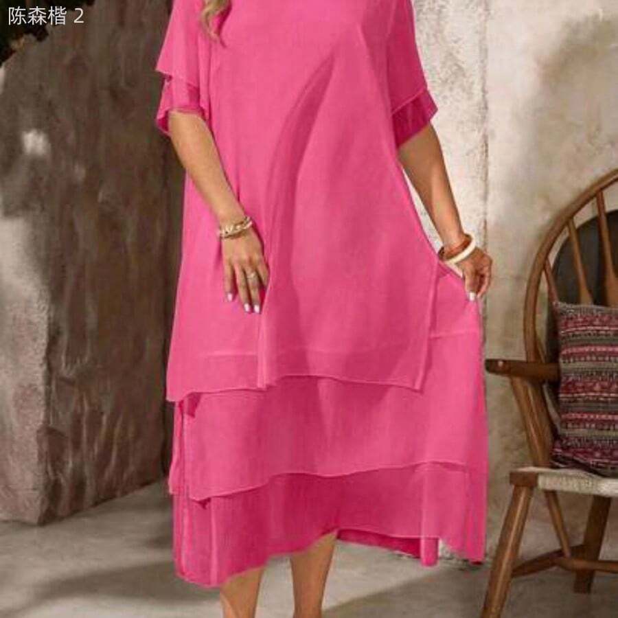 xuehuamaoyi02  Vestido casual de talla grande, vestido bohemio de verano fluyente con cuello redondo, sin mangas, dobladillo asimétrico, adecuado para primavera y verano, - Rosa - Ver 1