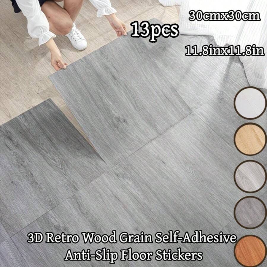 13片 11.8in x 11.8in 防滑乙烯基地板貼紙 - 奢華3D紋理自黏防滑地板磚，1.5mm厚自黏乙烯基地板與牆面磚，3D復古木紋自黏防滑地板貼紙，居家地板裝飾