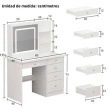 Vanity Dressing Table With Adjustable LED Lighting, Makeup Dressing Table With 5 Drawers And 3 Open Shelves, Makeup Table, Adjustable Illuminated Touchscreen Mirror - Blanco-derecha - View 2