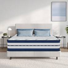 Matelas 140x200 cm, Epaisseur 30 cm, Matelas à Ressorts Ensachés, Mousse à Mémoire de Forme, Dureté Moyenne H3, Soutien 7 Zones, Respirant et Doux Pour la Peau - Bleu et Blanc - Voir 1