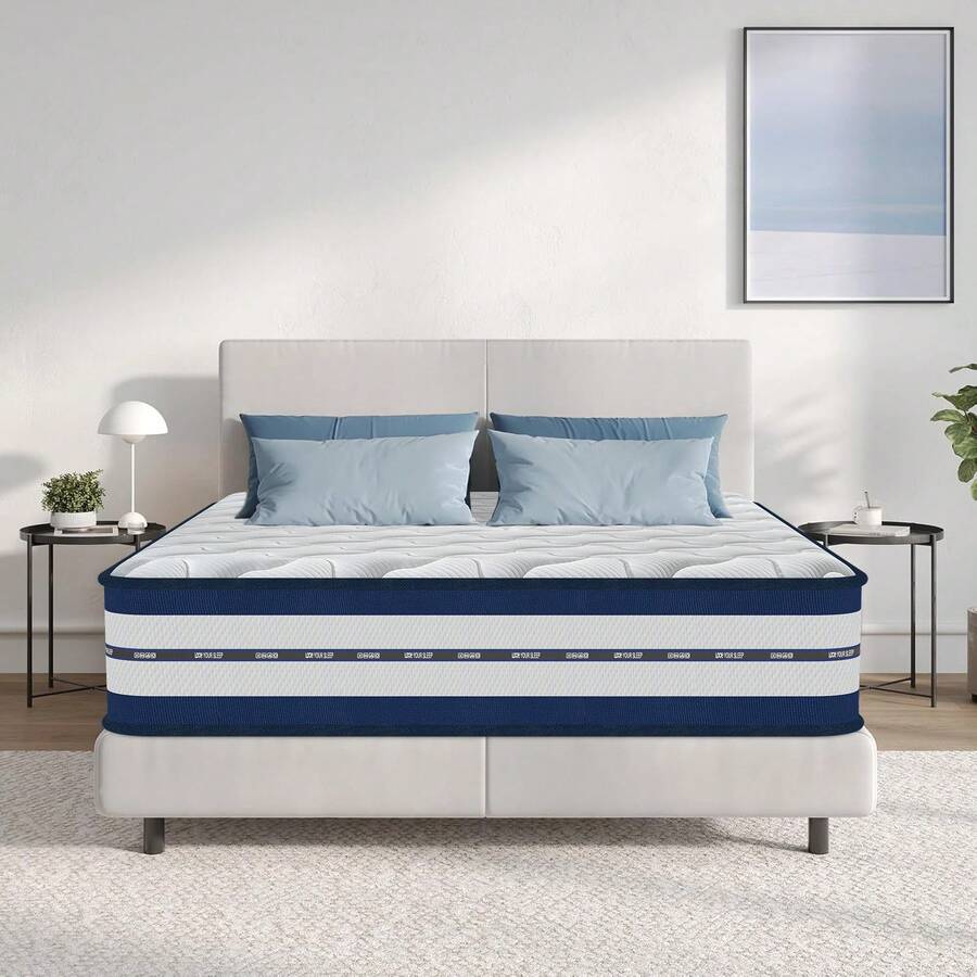 Matelas 140x200 cm, Epaisseur 30 cm, Matelas à Ressorts Ensachés, Mousse à Mémoire de Forme, Dureté Moyenne H3, Soutien 7 Zones, Respirant et Doux Pour la Peau - Bleu et Blanc - Voir 1