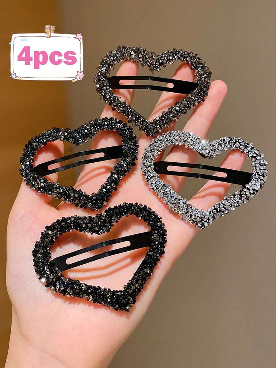4 kẹp tóc pha lê hình trái tim sáng bóng cho bé gái, kiểu tóc mái trước mới năm 2024 kẹp tóc phụ kiện tóc