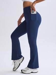 TCVC High Waisted Booty Lifting Yoga Flare Pants For Women With Side Pockets, Tummy Control 4 Way Stretch Bootcut Workout Leggings - Navy Blue - View 5