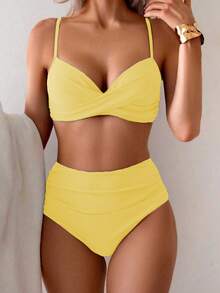 Summer Solid Color Sexy Elegant Bohemian Double Strap Sweet Style Two Pieces Bikini Swimsuit Beach Vacation Set - Light Yellow - View 2