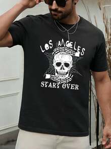 Camiseta de hombre con estampado de calavera de Los Ángeles, material de primera calidad, cuello redondo, corte cómodo, estampado gráfico único. - Negro - Ver 1
