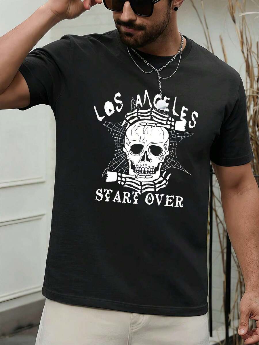 Camiseta de hombre con estampado de calavera de Los Ángeles, material de primera calidad, cuello redondo, corte cómodo, estampado gráfico único. - Negro - Ver 1