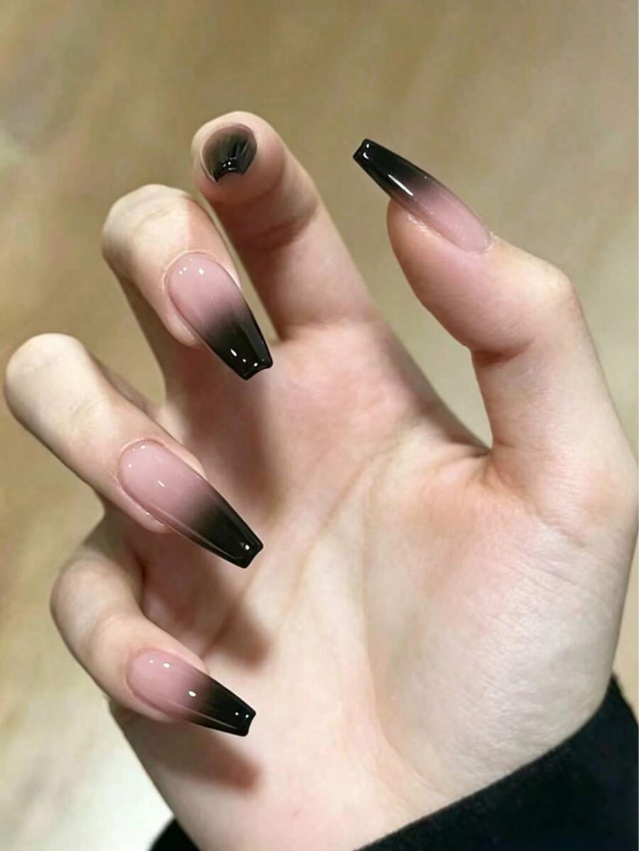24pcs Black Ombre Ballet Nail Stickers + 1pc 24pcs Jelly Gel + 1pc Press-On Nail Stickers, Nail Art Supplies Press On Nails - Multicolor - View 1