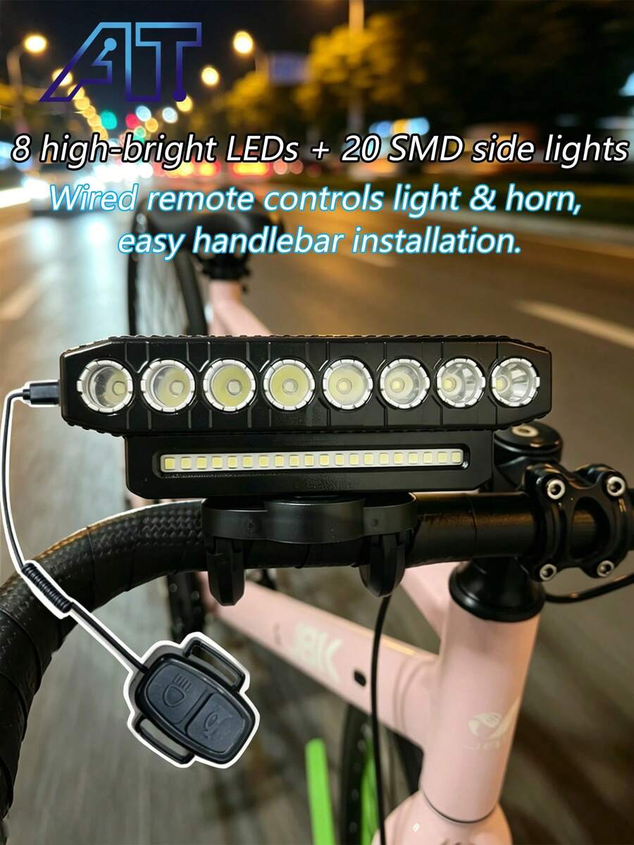 1 pieza Luz de bicicleta recargable 8LED/5LED con luz alta/baja, Bocina y luz 2 en 1 8LED, Luz de bicicleta potente y brillante para montar de noche, Luz LED frontal de alta luminosidad para bicicleta de montaña, Herramienta de equipo de ciclismo multifuncional para exteriores (5LED sin función de bocina) - Multicolor - Ver 1