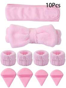 10 Pcs Girls Spa Headbands With Face Wash Wristbands, Bulk Face Powder Triangle Powder Puff For Loose And Cosmetic Foundation For Makeup And Daily Use - Multicolor - View 1