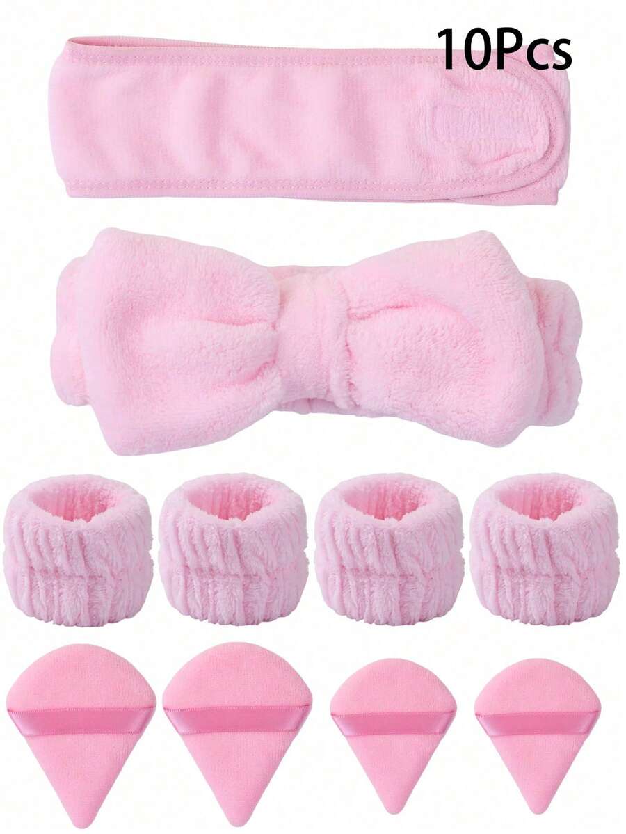 10 Pcs Girls Spa Headbands With Face Wash Wristbands, Bulk Face Powder Triangle Powder Puff For Loose And Cosmetic Foundation For Makeup And Daily Use - Multicolor - View 1