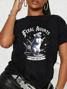 Women's Cotton T-Shirts, 1 Piece, Casual White Graphic T-Shirt For Women With Animal Design, Ideal For Daily Wear, Parties, Outings, Sports And Other Holiday Gifts - 黑色 - 查看 1