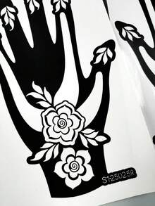 2pcs Palm Tattoo Stencil Set, Hollow Palm Tattoo Stencils, Symmetrical Floral Geometric DIY Painting Templates, Universal For Left And Right Hand Back And Finger Decoration - Black - View 9