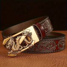 1pc Men's Belt: Vintage Style, Automatic Buckle Design, Embossed Pattern On Surface. Suitable For Daily Wear, Also An Ideal Gift For Husband And Father. Animal Casual PU(Polyurethane) Men's Belt All Seasons - Multicolor - View 3