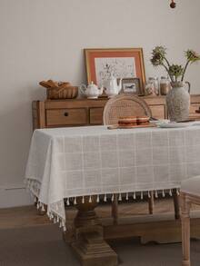 Bubaba Farmhouse Textured Plaid Tassel Tablecloth, Linen-Feel Rectangular Dining Table Cover, French Country Kitchen And Dining Room Decor - Multicolor - View 12