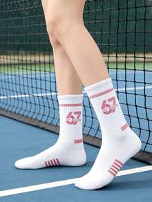 6/3/1Pair Women's Pink Fun 67 Number Mid-Calf Socks, Breathable Sweat-Absorbing Sports Socks, Striped Design, Suitable For Hiking And Cycling, All Seasons - Pink - View 5