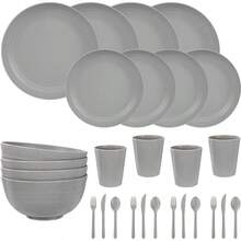 - Juego de 28 platos y cuencos de cocina, juego de vajilla de paja de trigo, platos irrompibles y juegos de cuencos para 4, platos reutilizables para uso diario y campamento, decoracin de cocina - 28 piezas (4 invitados) + Gris,claro - Ver 2