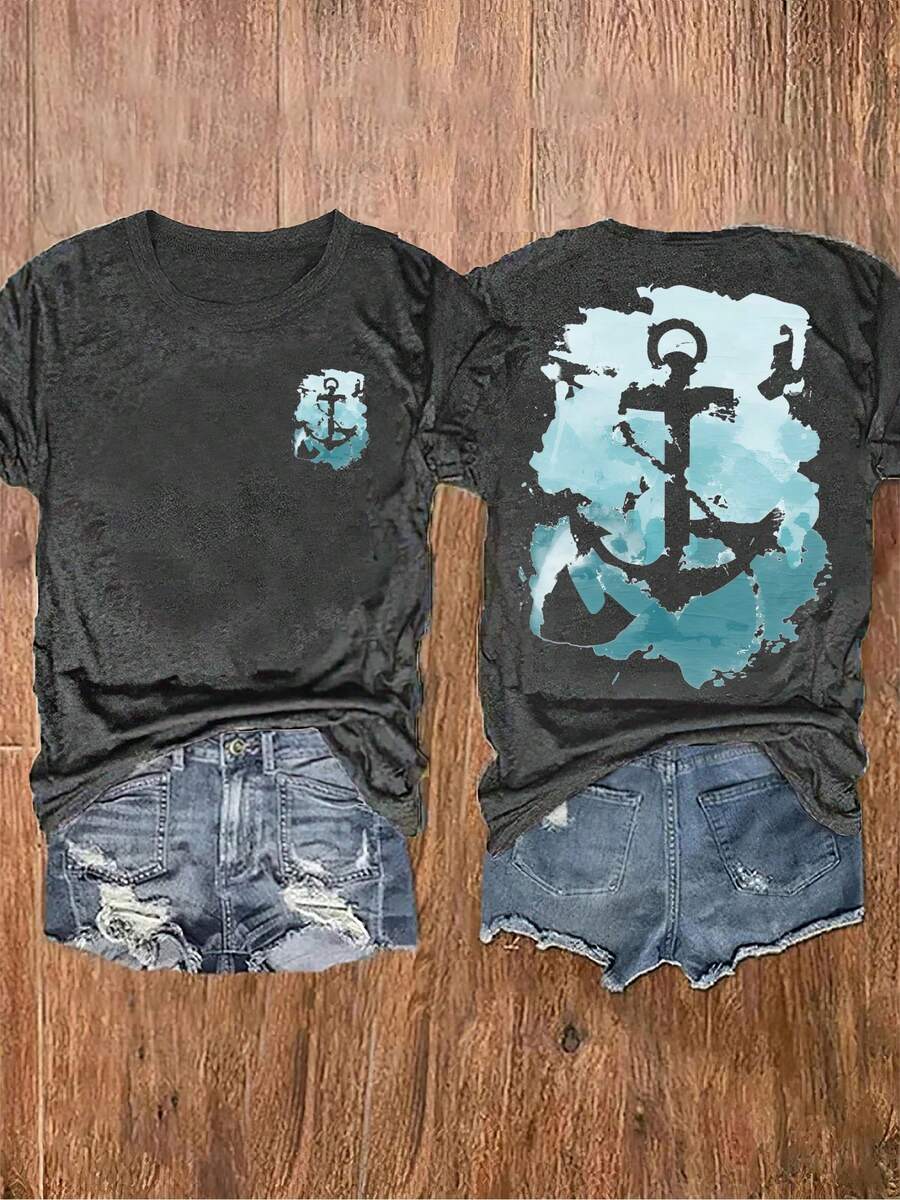 Sea Print Round Neck T-Shirt, Casual Vacation Women's Short Sleeve Top, Women's Clothing, Retro Loose-Fit T-Shirt - 深灰色 - 查看 1