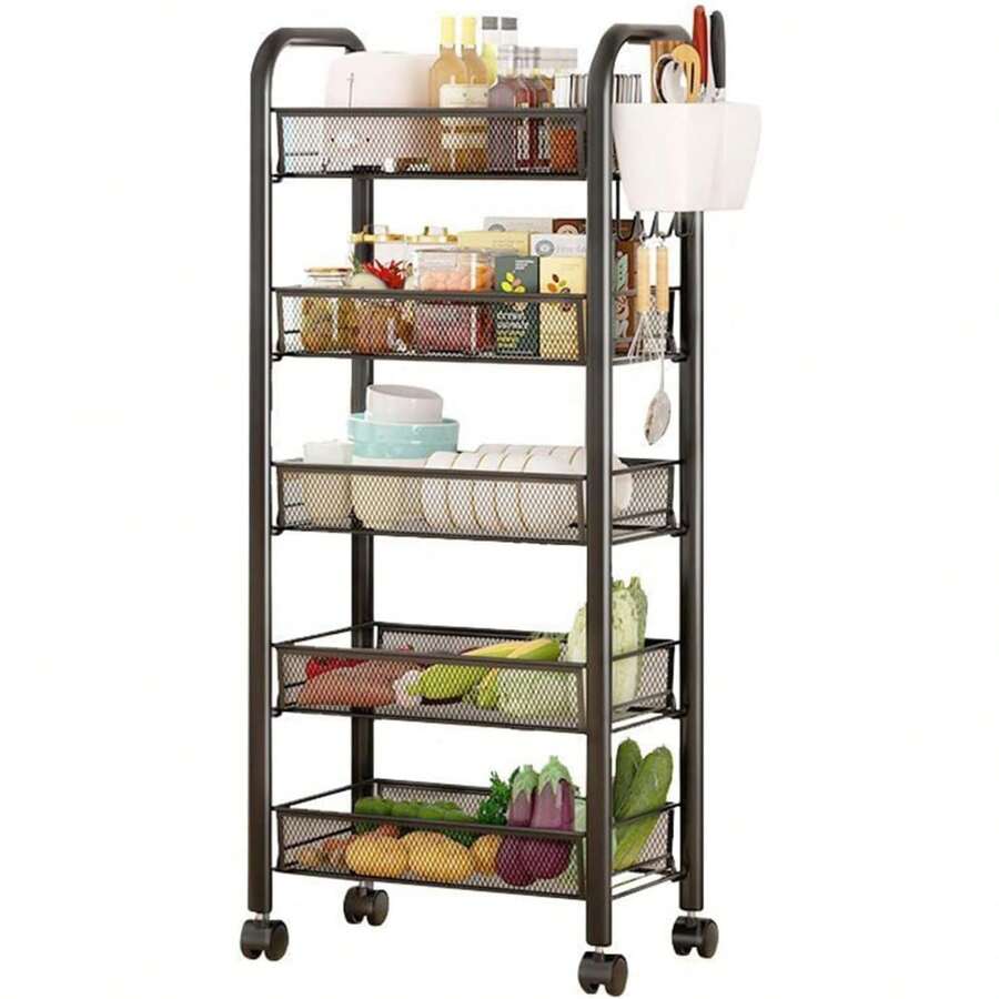 5-Tier Metal Mesh Storage Cart, Rolling Fruit & Vegetable Rack For Kitchen - Default - View 1