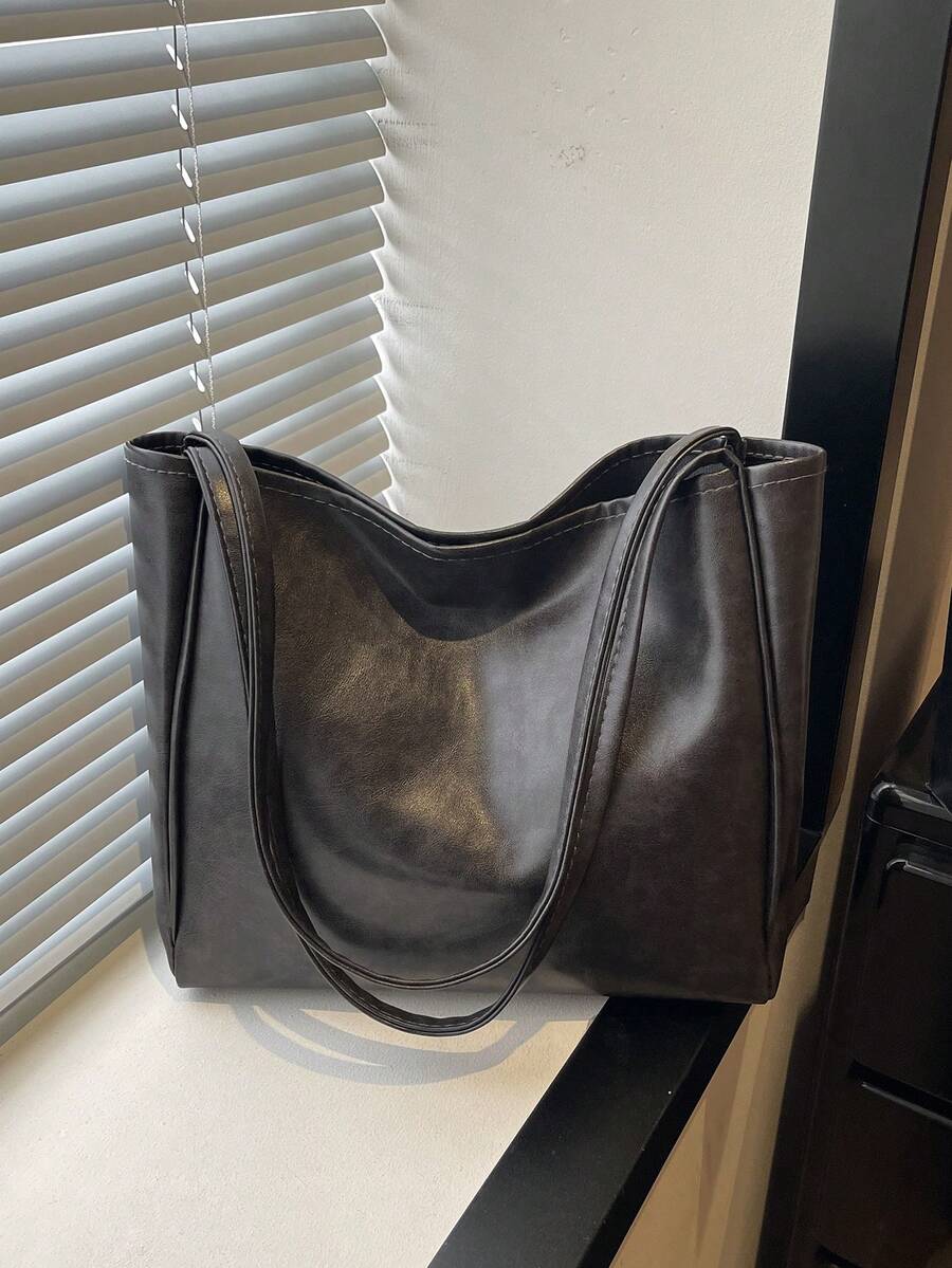 復古大容量女款手提包,新款時尚百搭通勤單肩托特包 - 黑色 - 查看 1