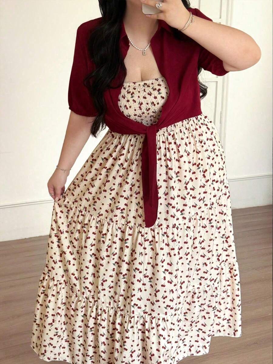 Vibekara Set de 2 piezas, vestido largo casual con tirantes finos talla grande + camisa con estampado de fresas anudada - Multicolor 3 - Ver 1