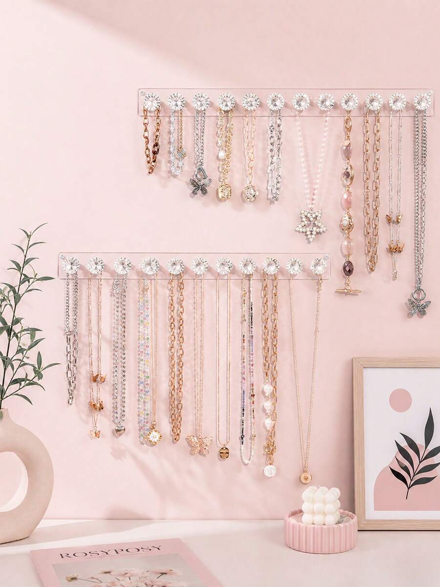 3M Acrylic Necklace Holder Wall Mount, Clear Jewelry Organizer For Necklaces, Bracelet & Earrings, No Drill Or Screw Installation, Adhesive Hanging Jewelry Rack, 3 Size Options For Bedroom, Vanity, Closet, Bathroom