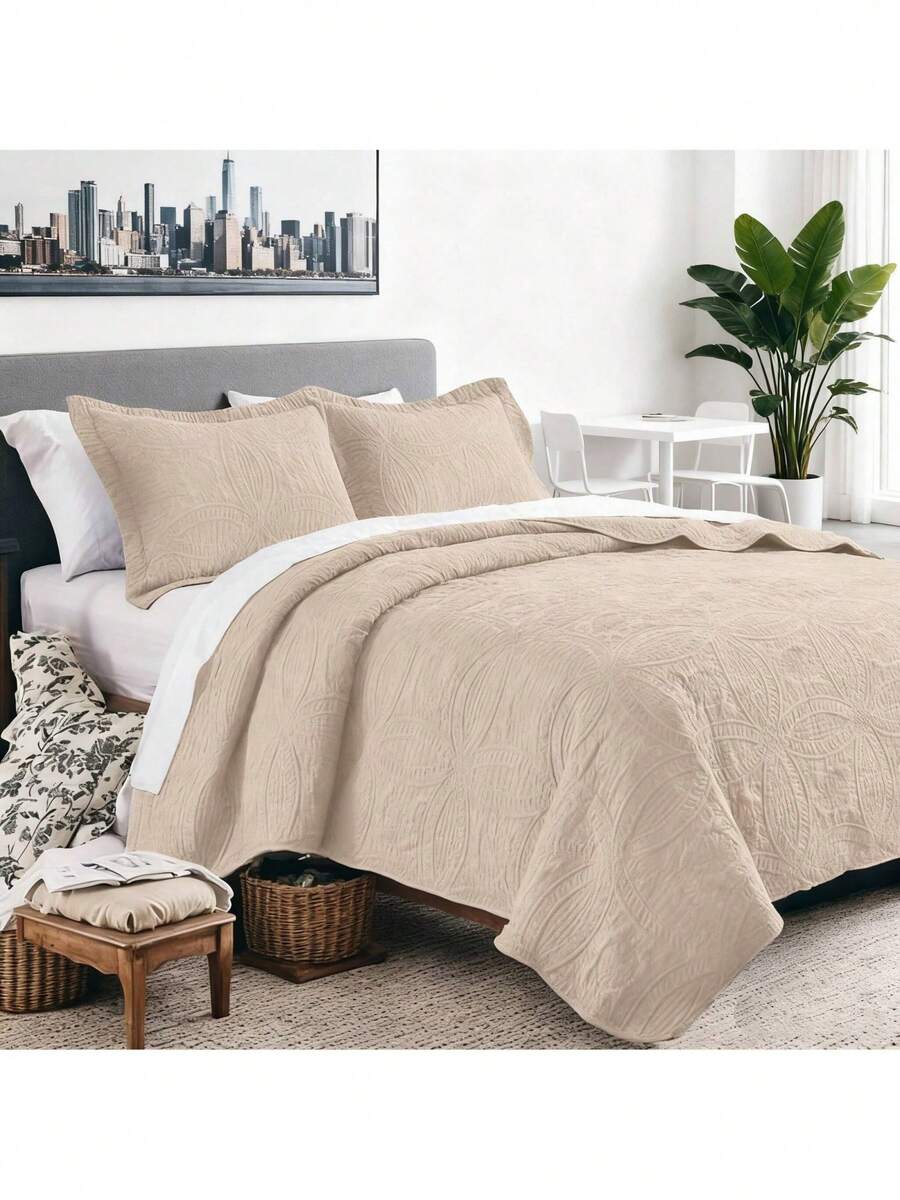 All Season Multi-Purpose 3 Pieces Quilt Bed Cover Set Classic Vintage Coin Embossed Design Premium Microfiber Anti-Allergy Dust Proof Durable Washable Soft Bedspread Kit Perfect For Dorm Room Master Bedroom Holiday Guest Room Daily Use - Khaki - View 1