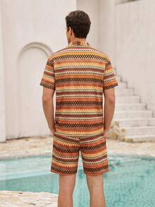 Mercer Haus Men's Multi-Color Wavy Knit Elastic Half-Open Collar Contrast Button Drawstring, Casual, Commuting, Street, Summer Beach 2-Piece Outfit - Orange - View 2