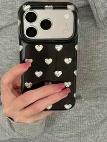 Japanese & Korean Ins Style Hollow Silver Polka Dot Phone Case Compatible With Apple 17 Pro Max, 17 Pro, 16 Pro, 15 Pro, 14 PM, 13, New Niche Double Layer Shockproof Protective Cover For Women - Black - View 4