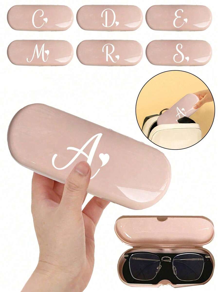Solid Color Glasses Case Minimalist New Design Portable Waterproof Dustproof Small Plastic Material (Small, Plastic Material) Initial Glasses Case Hard Shell - PU Leather Artistic Letter And Heart Pattern Printed Glasses Case - Multicolor - View 1