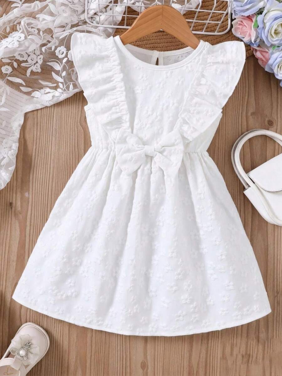 Young Girl Spring/Summer Jacquard Bowknot Decor Mini Dress - White - View 1