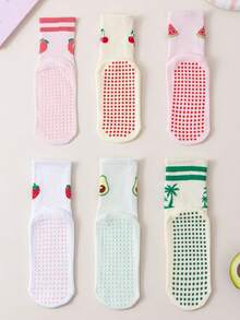 1/3/6 pares de calcetines de yoga para mujer de colores aleatorios, con estampado de cerezas, adecuados para fitness en interiores, danza, pilates, piso del hogar - Multicolor - Ver 1