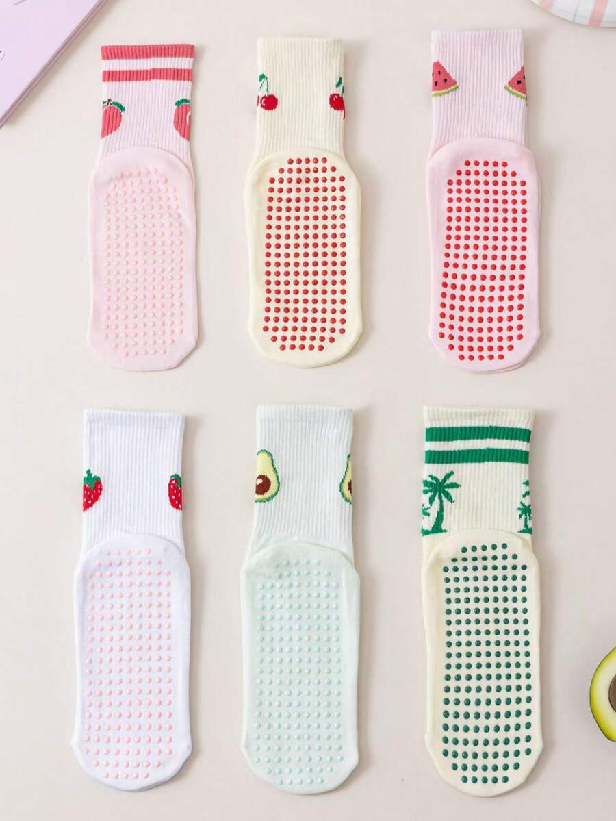 1/3/6 pares de calcetines de yoga para mujer de colores aleatorios, con estampado de cerezas, adecuados para fitness en interiores, danza, pilates, piso del hogar - Multicolor - Ver 1
