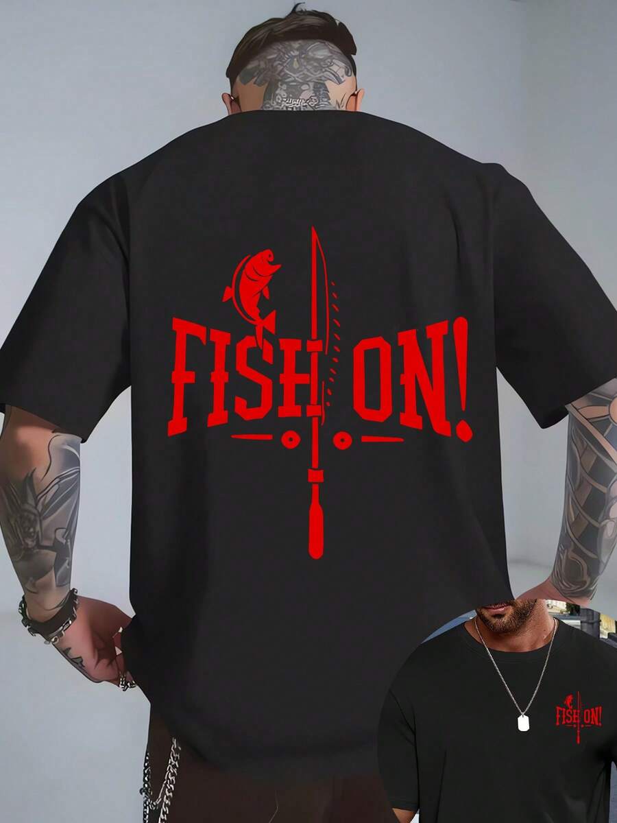 Estilo outdoor con estampado de hombros caídos de gran tamaño!¡PESQUE!Camisa de manga corta con temática de pesca, imprescindible para la ropa casual de verano de los hombres. - Negro - Ver 1