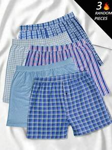 Random 3Pcs Men Underwear, Comfort Polyester Fabric, Checkered Pattern With Buttons, Elastic Waistband Multi-Color Pack, Home Essentials, Men Gift - Multicolor - View 2